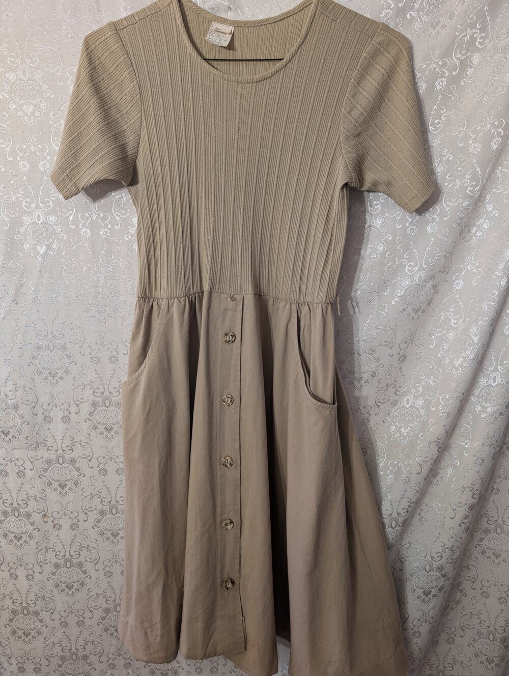 VTG 90s Ribbed Knit Mixed Media Jumper Dress Button Front Midi Pocket